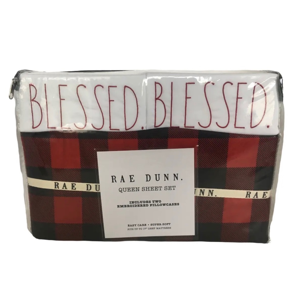 Rae Dunn BLESSED queen  Sheet Set w Pillow Cases Buffalo Plaid Red Christmas
